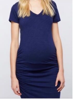 Monrow Mommy Navy Blue Midi Maternity Dress Vneck Short Sleeve MM Medium